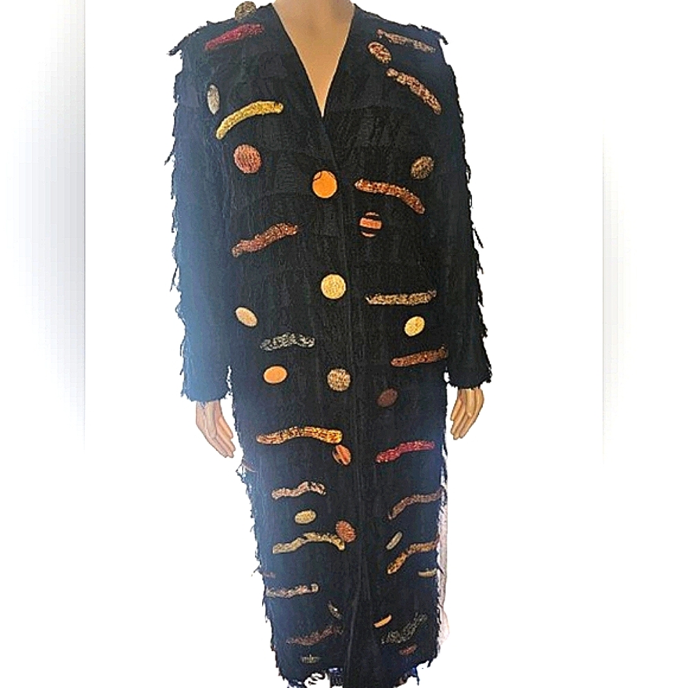 Vintage Crystal, Handwoven,Fringed Cardigan,  Coat L